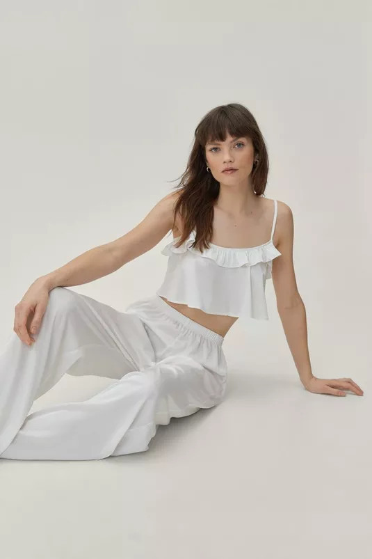 Satin Ruffle Cropped Cami Pajama Set | Nasty Gal (US)