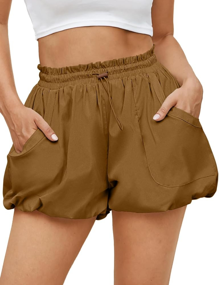 Fisoew Womens Summer Bubble Shorts Casual High Waisted Workout Puffy Shorts with Pockets | Amazon (US)