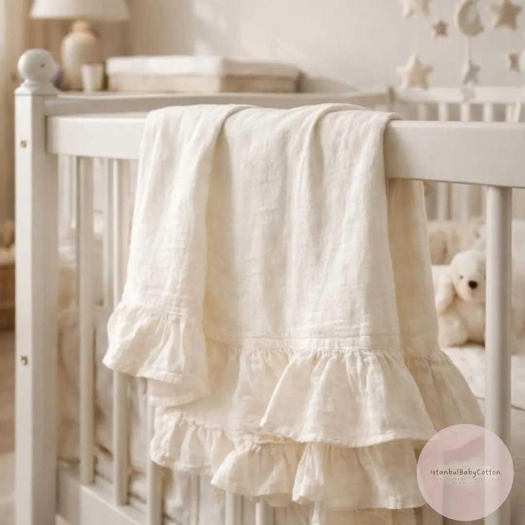 Frilled Muslin Baby Blanket, Soft Cotton Swaddle, White Ecru Nursery Bedding | Etsy (US)