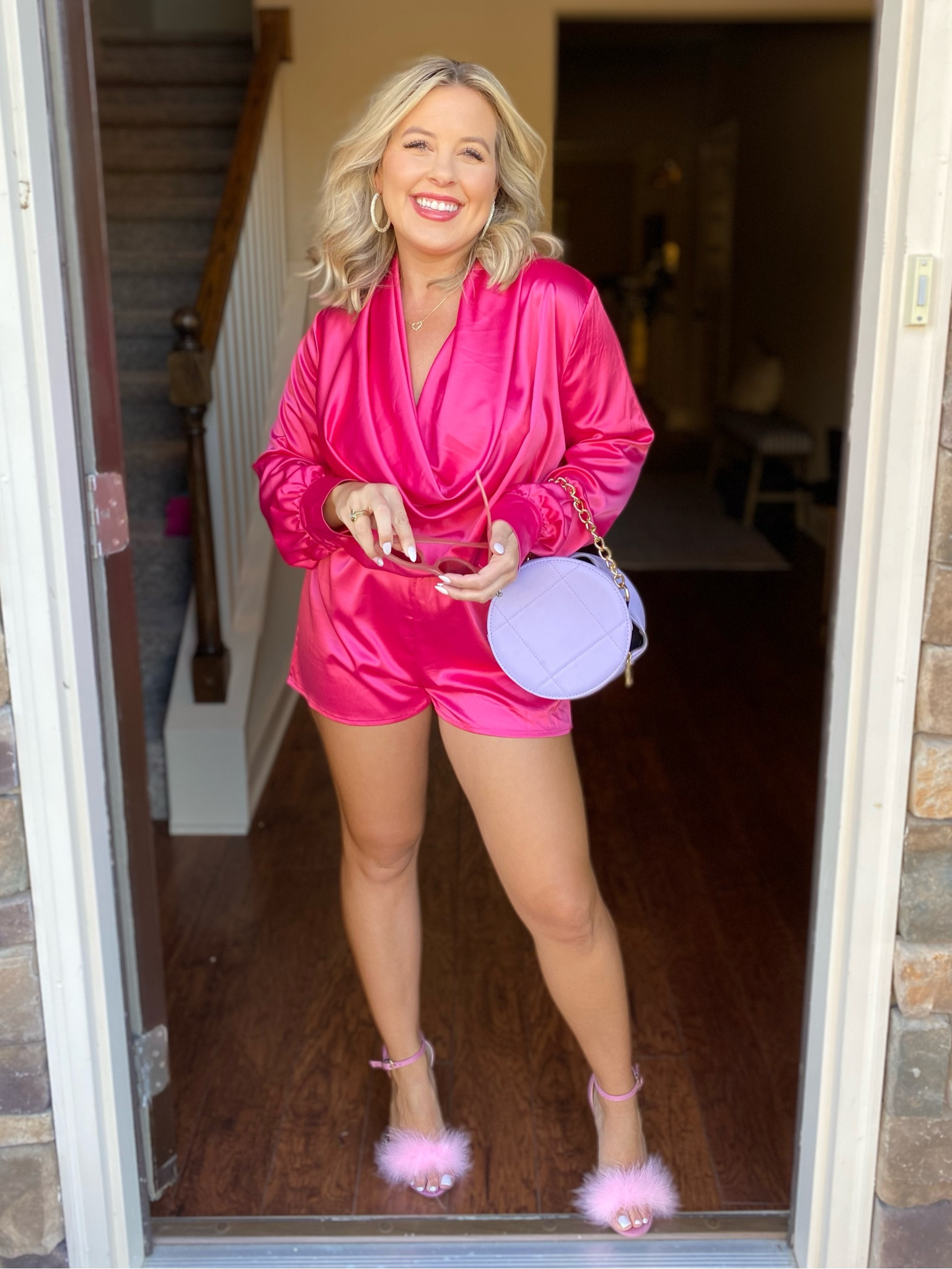 Hot pink romper. Size small and true to size. Under $32. Holiday outfit ideas. Holiday romper. Christmas party romper. 

#LTKunder50 #LTKstyletip #LTKSeasonal