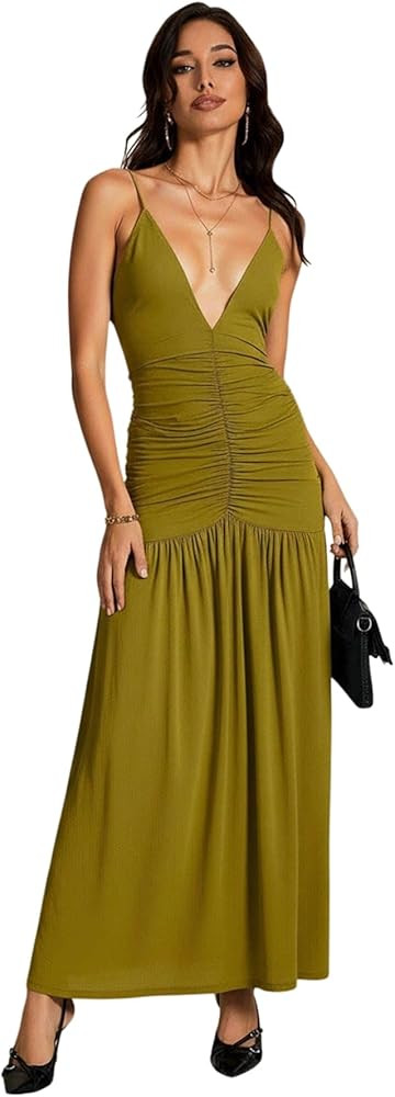 Women's Ruched Bodycon Maxi Dress Summer Backless Deep V Neck Formal Cocktail Party Dresses | Amazon (US)