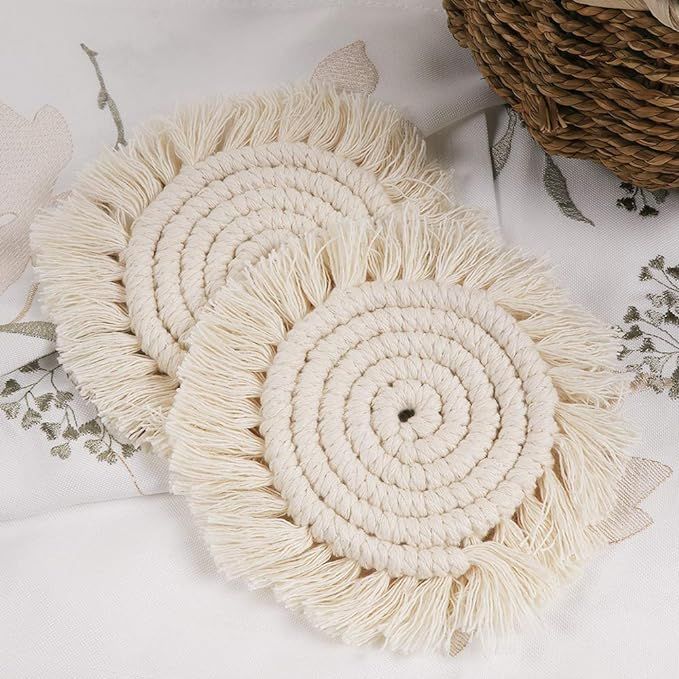 Lahome Handmade Macrame Coasters - Round Drinks Cotton Boho Woven Coaster Set with Tassel for Kin... | Amazon (US)