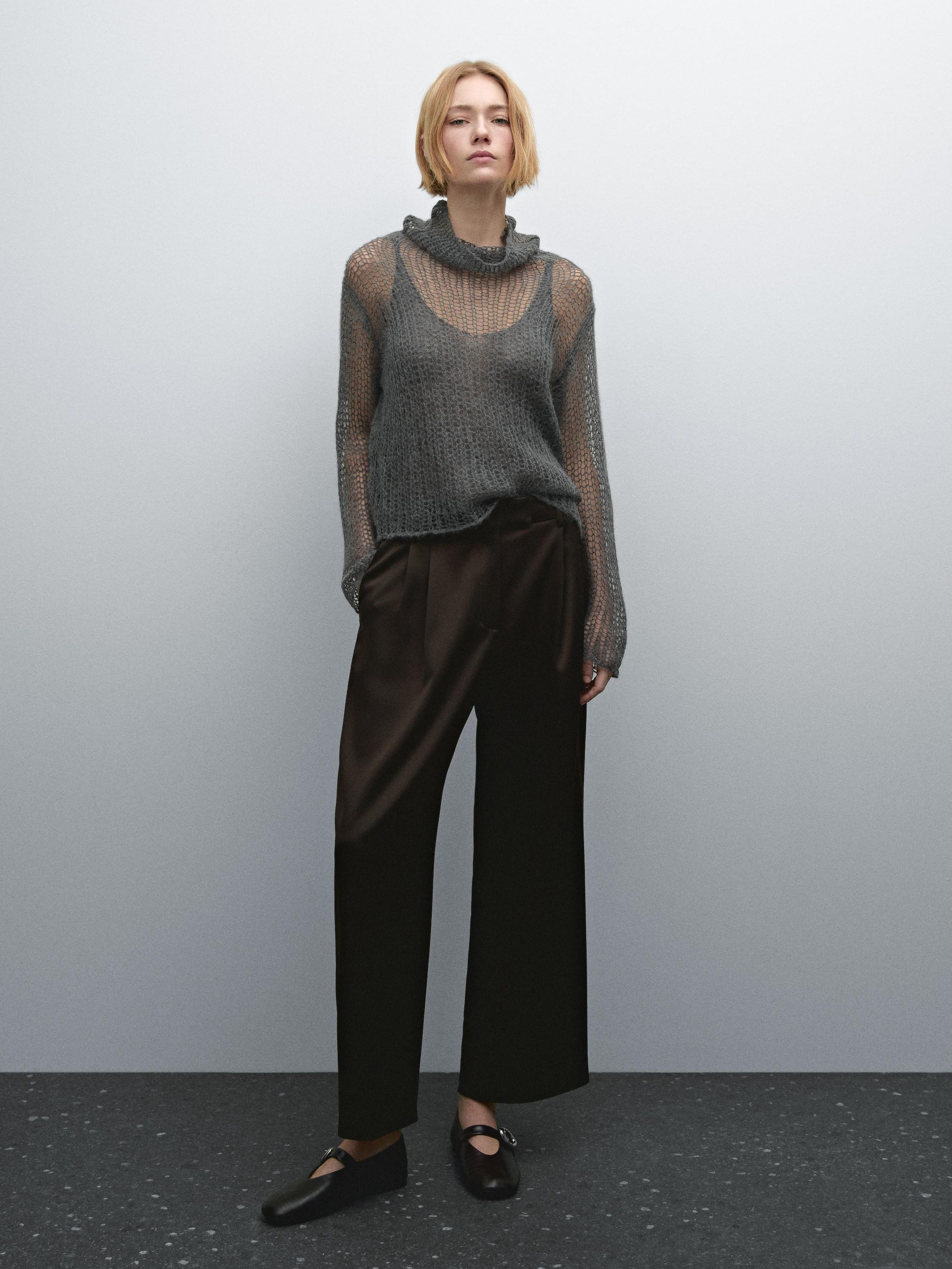 Flowing wide-leg satin trousers · Brown · Dressy | Massimo Dutti | Massimo Dutti UK