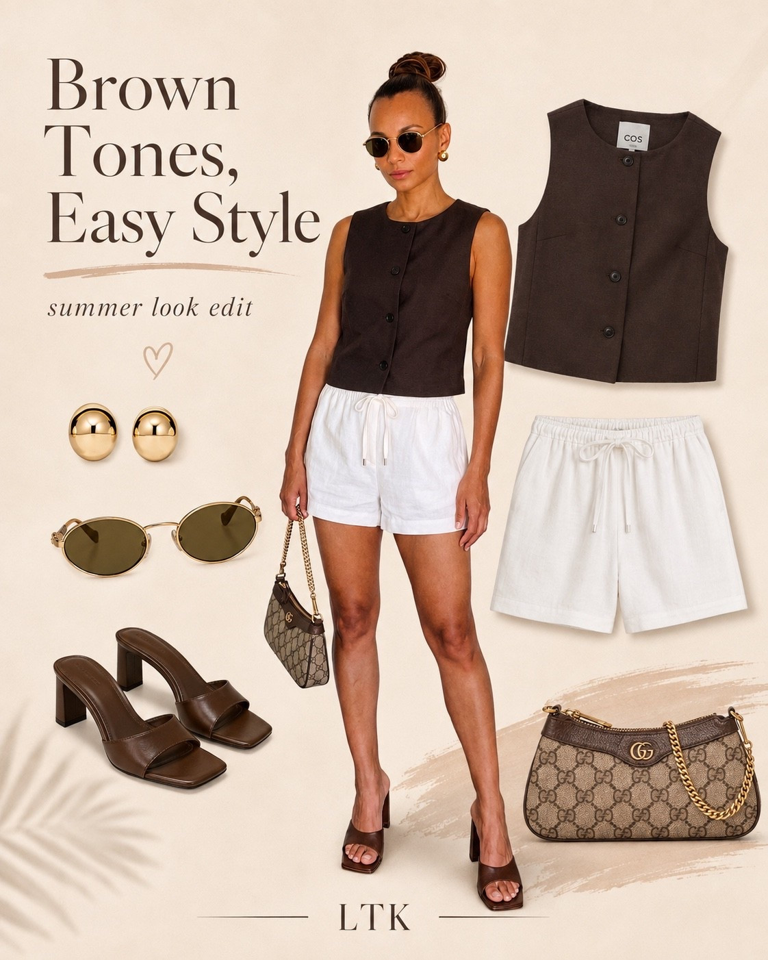 Brown + white is such an easy combo 🤎🤍 I love how the tailored vest and relaxed shorts keep this look polished but still effortless. Finished with simple gold accessories, a neutral bag, and heels for an easy elevated outfit you can wear on repeat. Shop the look below ✨ #LTKStyle #NeutralStyle #BrownOutfit #SummerStyle #EverydayChic #OutfitInspo

#LTKootd