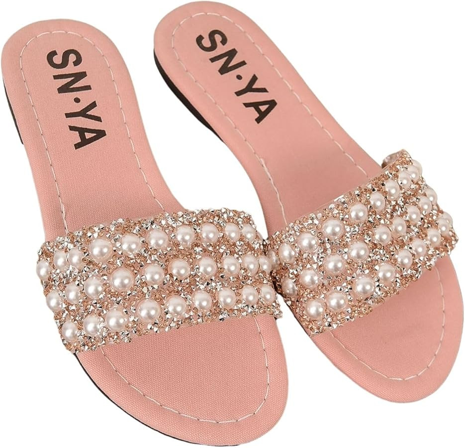 Verdusa Women's Rhinestone Pearls Slide Sandals Summer Flats Sandals | Amazon (US)