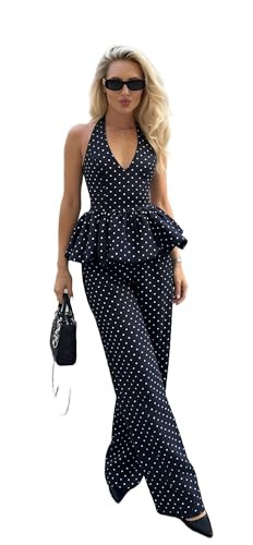 Amazon.com: TELUPDI Two Piece Skirt Set for Women Retro Sleeveless Halter Top Long Trousers Polka... | Amazon (US)