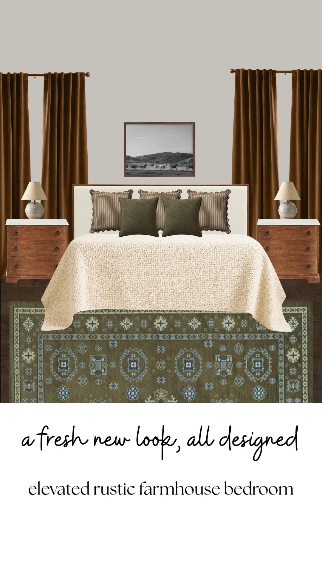 A fresh new look, all designed around warmth, texture, and timeless comfort 🤍

This elevated rustic farmhouse bedroom mixes warm wood nightstands, soft neutral bedding, tailored drapery, and a vintage-inspired rug for a space that feels cozy without losing that designer feel. I love how the earthy olive accents and layered textures make the room feel collected, calm, and lived in.

If you’ve been searching for rustic farmhouse bedroom ideas, cozy neutral bedroom inspiration, warm traditional interiors, or timeless bedroom decor that still feels approachable, this full bedroom look is one of my favorites lately.

Think: heritage-inspired style, soft luxury bedding, layered neutrals, warm wood furniture, and classic farmhouse charm with a more elevated designer look. 

 #LTKHome