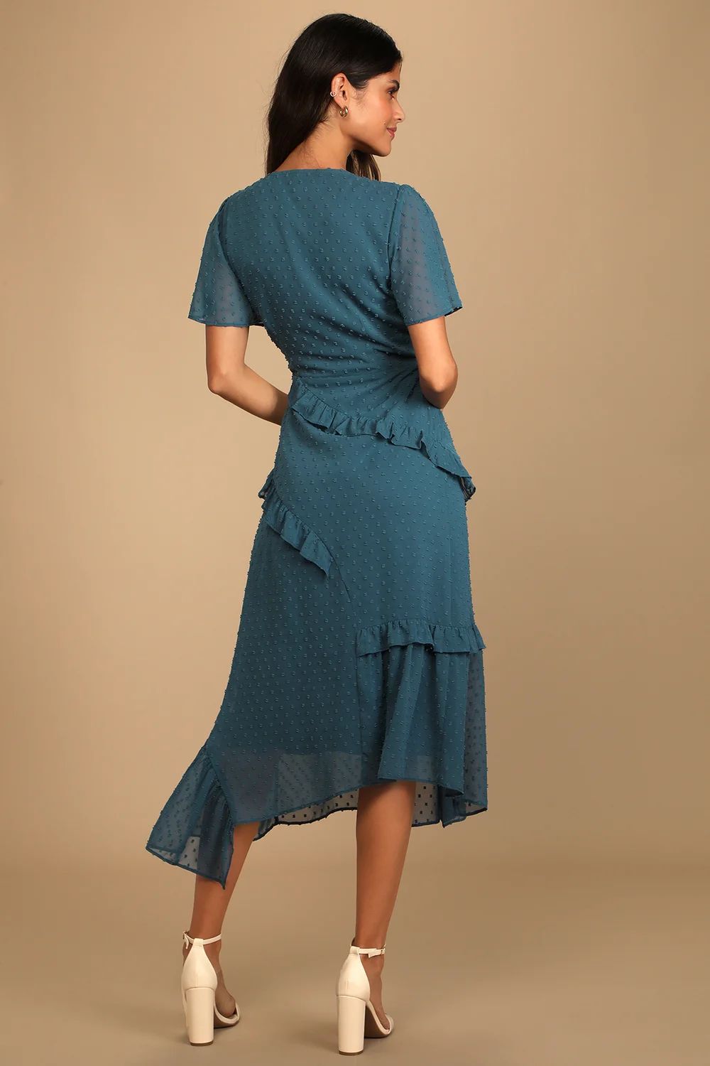 Next to You Slate Blue Swiss Dot Ruffled Midi Dress | Lulus (US)