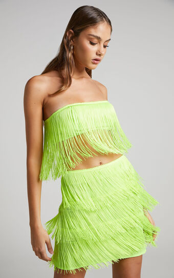 Siofra Two Piece Set - Fringe Crop Top and Mini Skirt in Lime | Showpo (US, UK & Europe)