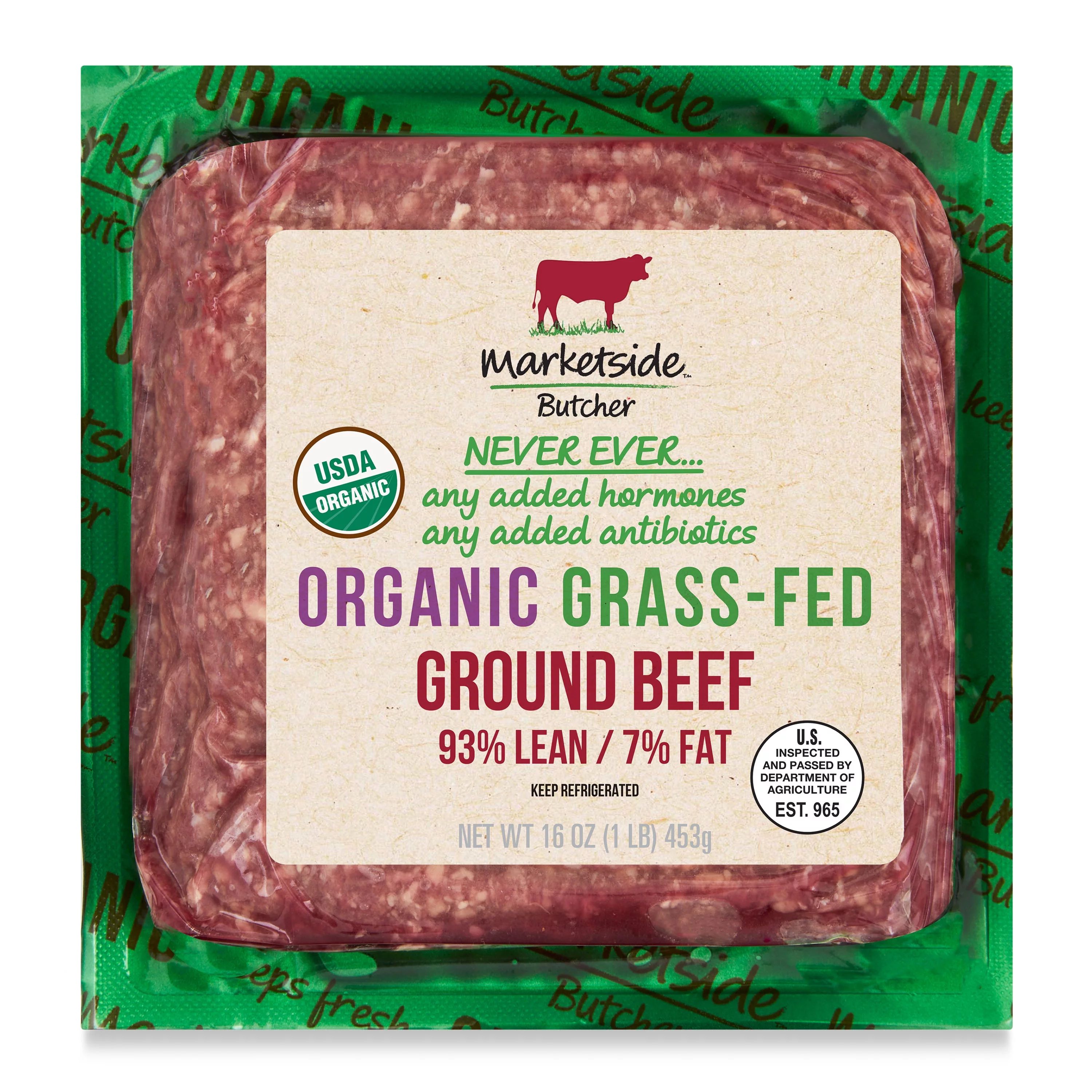 Marketside Butcher Organic Grass-Fed 93% Lean / 7% Fat, Ground Beef, 1 lb - Walmart.com | Walmart (US)