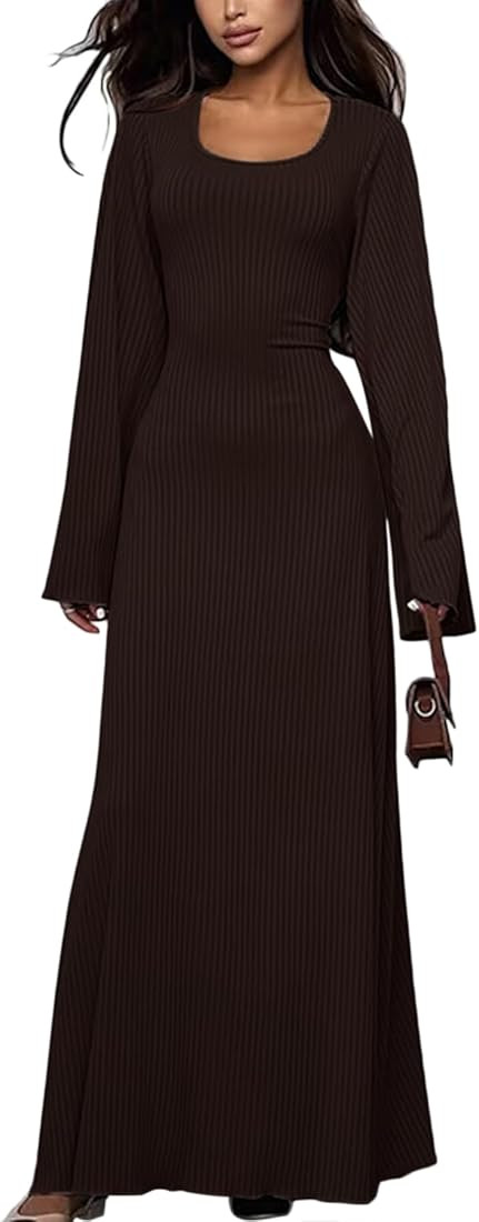 ZGMYC Women's Scoop Neck Lace Up Ribbed Maxi Dress Knit Flare Sleeve Bodycon Dress Loose Casual L... | Amazon (US)