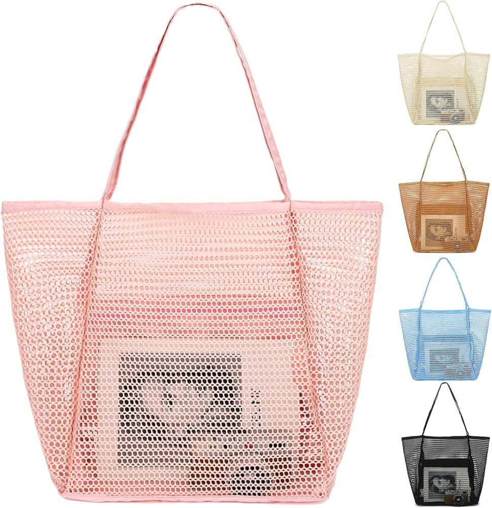 Mesh Beach Bag, Large Beach Tote with Zipper Pocket, Toys Pool Bag for Family Travel Vacation Cru... | Amazon (US)