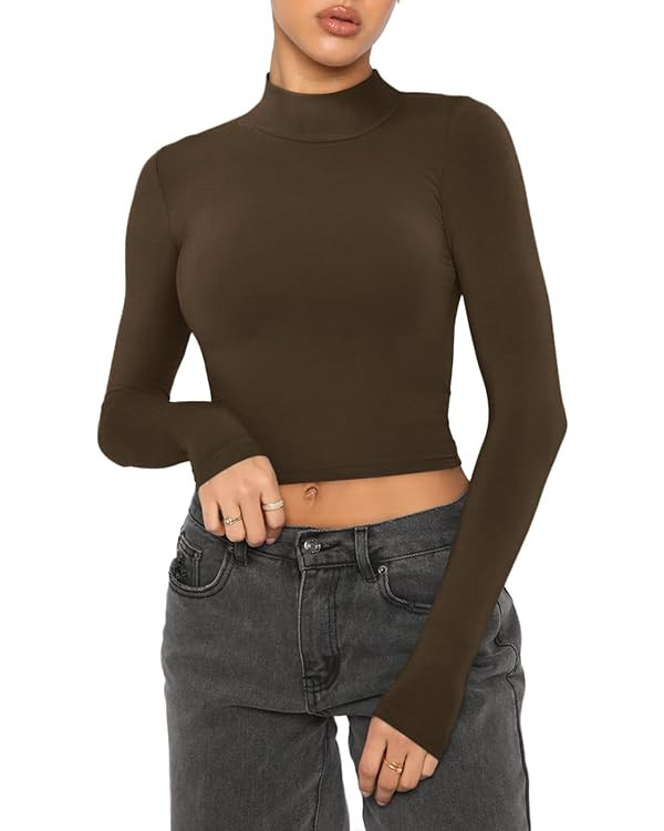 REORIA Women's Cute Mock Turtleneck Long Sleeve Ribbed Tight Tshirts Crop Tops | Amazon (US)