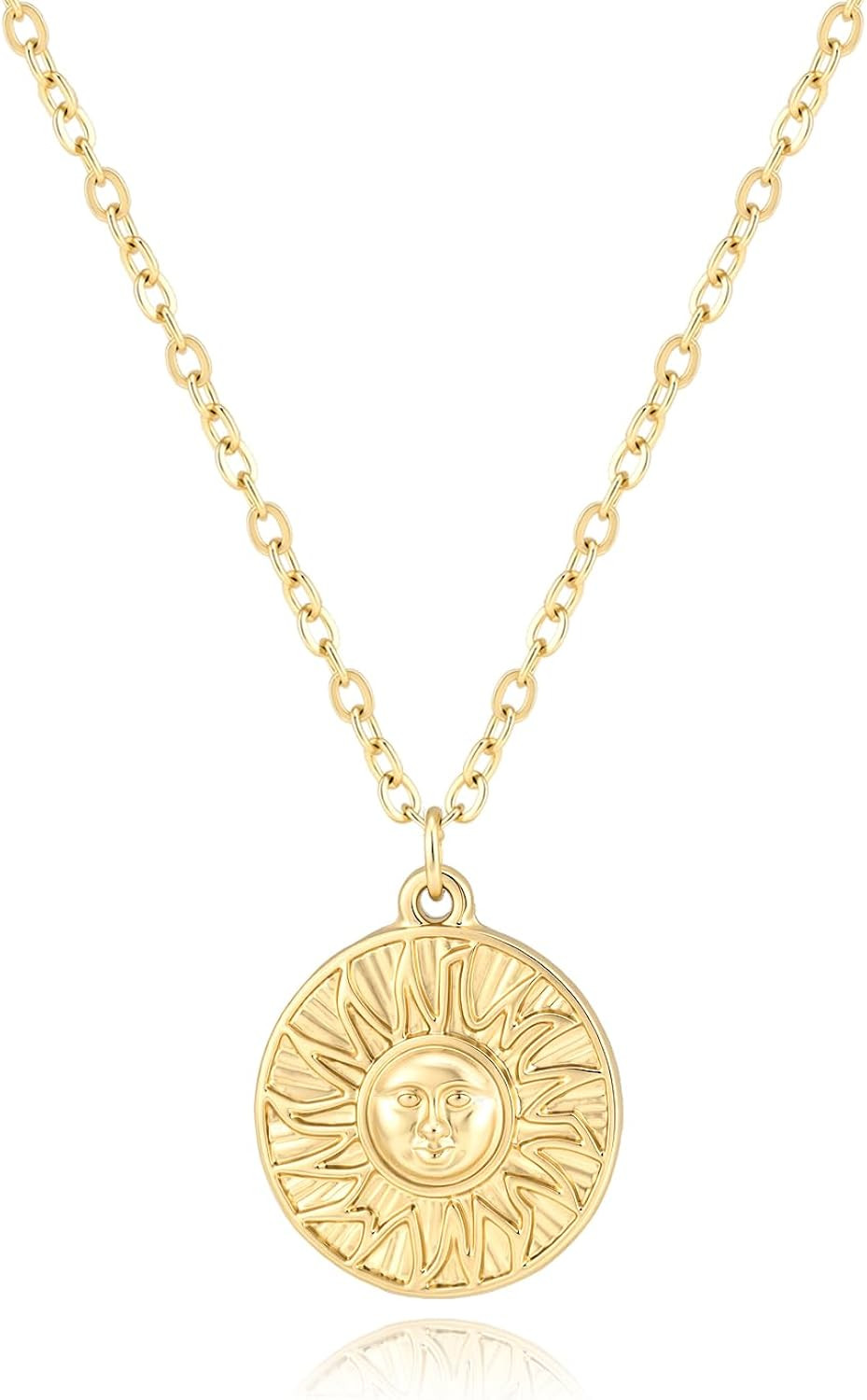 14K Gold Plated Sun Medallion Necklace for Women Embossed Sun Pattern Round Pendant Necklace Dain... | Amazon (US)