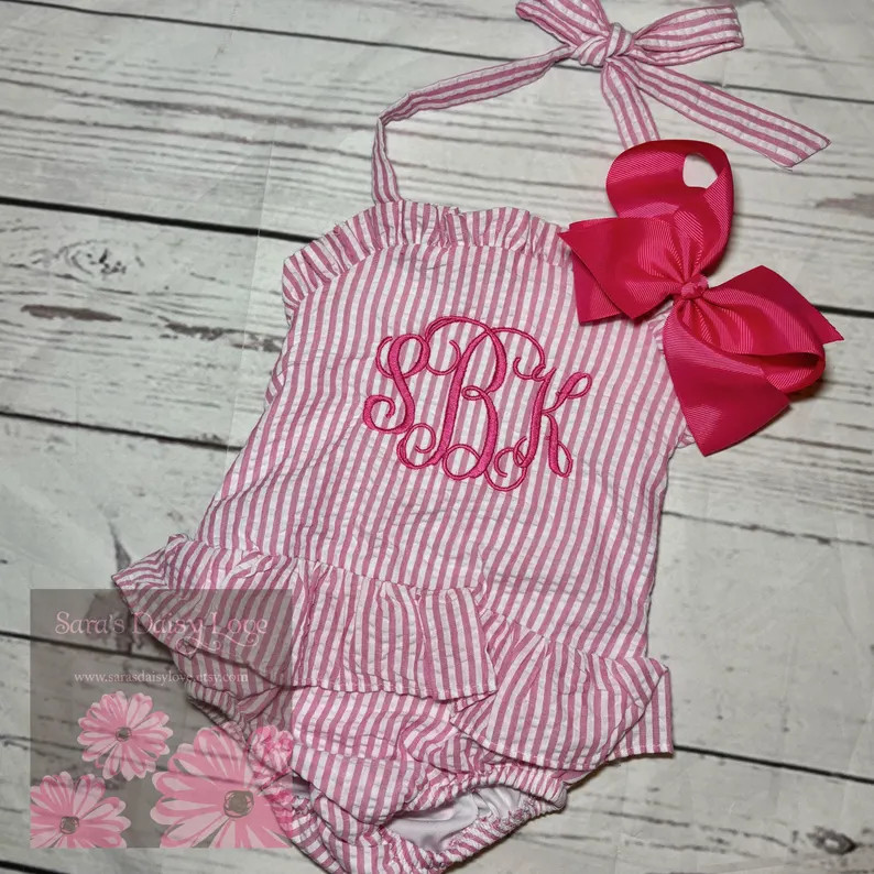 Girl's Personalized Swimsuit, Embroidered Seersucker, One Piece Swim, Fully Lined Swimsuit, Monog... | Etsy (US)