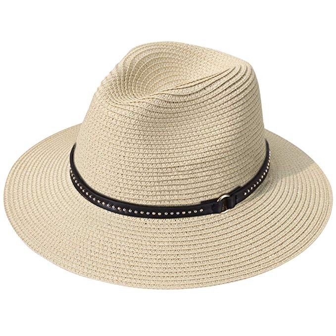 Lanzom Women Wide Brim Straw Panama Roll up Hat Fedora Beach Sun Hat UPF50+ | Amazon (US)