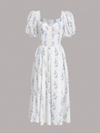 SHEIN MOD Plants Print Sweetheart Neck Puff Sleeve Dress | SHEIN