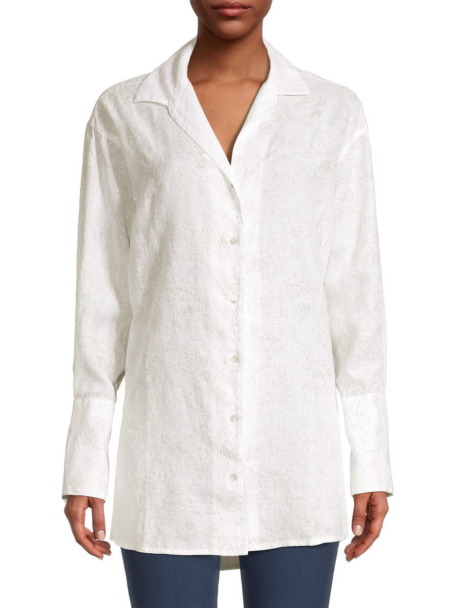 120% Lino Women's Collared Linen Shirt - White - Size 46 (10) | Saks Fifth Avenue OFF 5TH