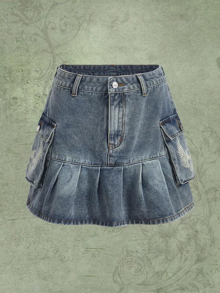 ROMWE Fairycore Skull Print Flap Pocket Pleated Hem Denim Skirt | SHEIN