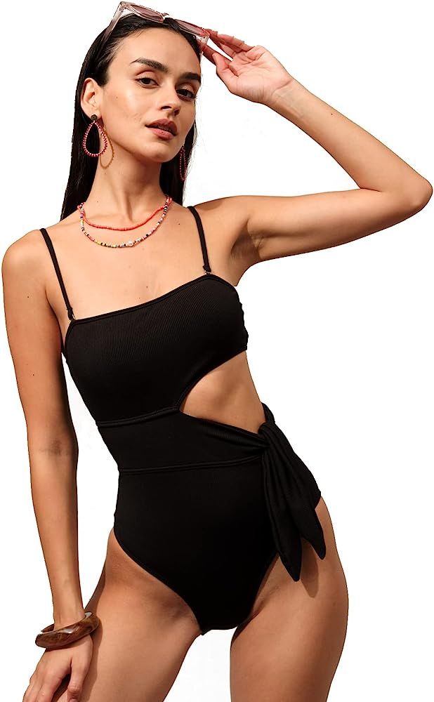 RIHOAS Women's One Piece Swimsuit Color Block Tie Side Spaghetti Strap Bathing Suit | Amazon (US)