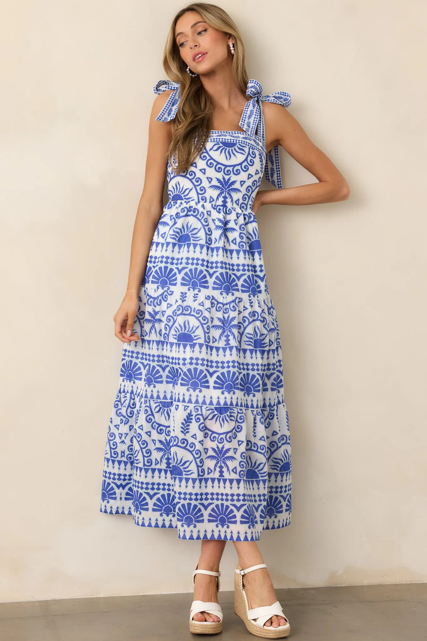 Afternoon Sips Cotton Blue Tropical Print Maxi Dress | Red Dress