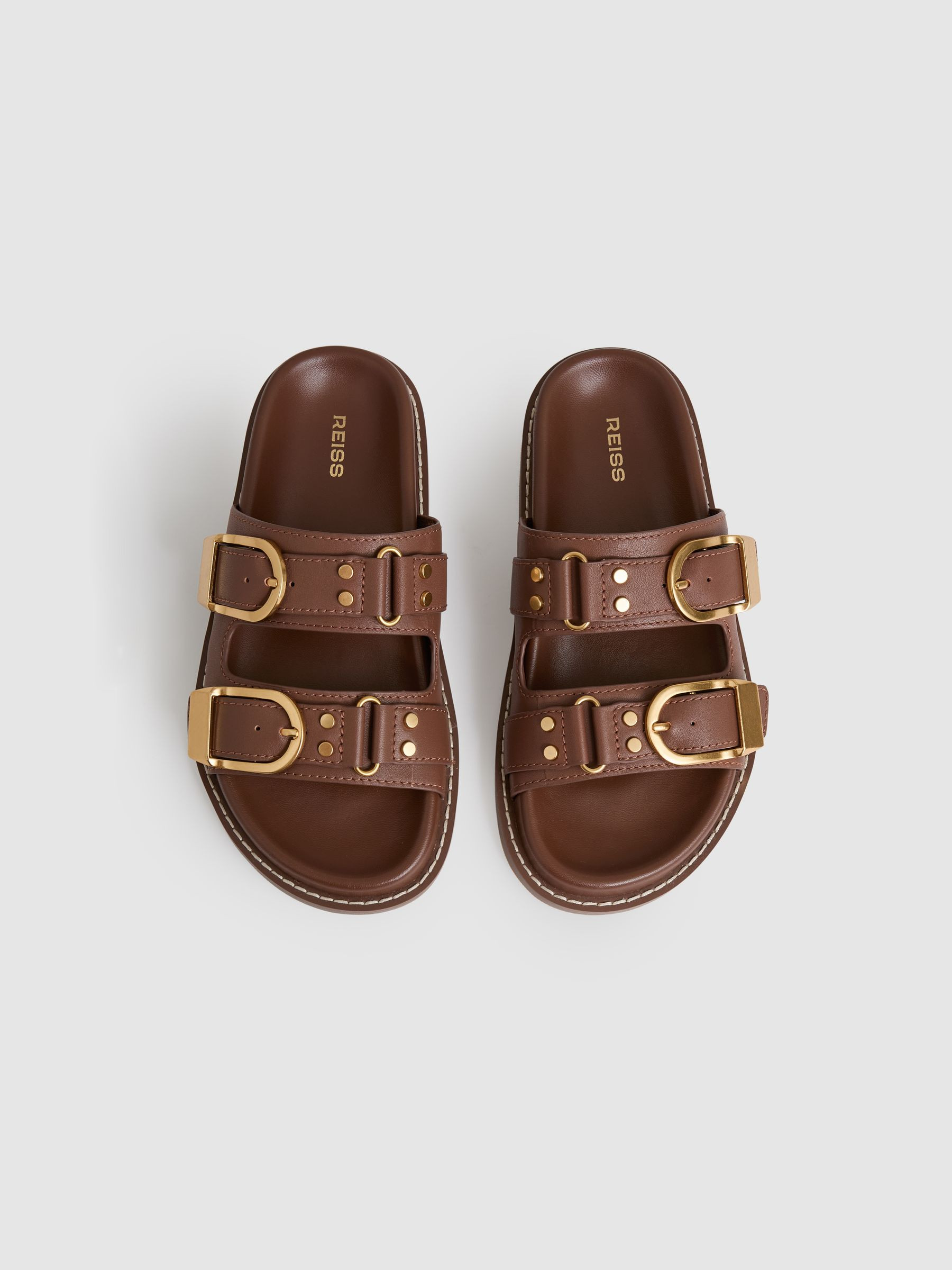 Leather Buckled Slip-On Sandals in Tan | Reiss UK