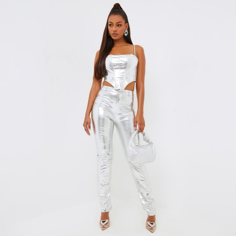 High Waist Slim Leg Trouser In Silver Metallic | EGO Shoes (US & Canada)
