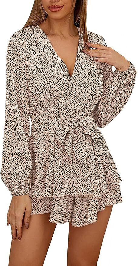 PRETTYGARDEN Women's Long Sleeve Romper Dressy V Neck Ruffle Summer Tie Waist Casual Short Jumpsu... | Amazon (US)