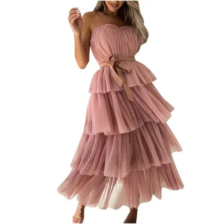 Womens Maxi Mermaid Dresses Layered Tulle Hem Long Strapless Tube Cake Dress Bandage Wedding Party T | Walmart (US)