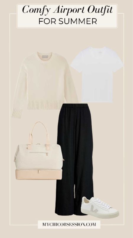 Start this summer airport outfit with these black, pull-on linen blend pants. On top, pair it with this white t-shirt – another great piece for prioritizing comfort. Layer with a knit sweater, which you can tie around your waist or shoulders when you don’t need the extra warmth. Accessorize with a weekend bag and clean white sneakers.

#LTKtravel #LTKSeasonal #LTKstyletip