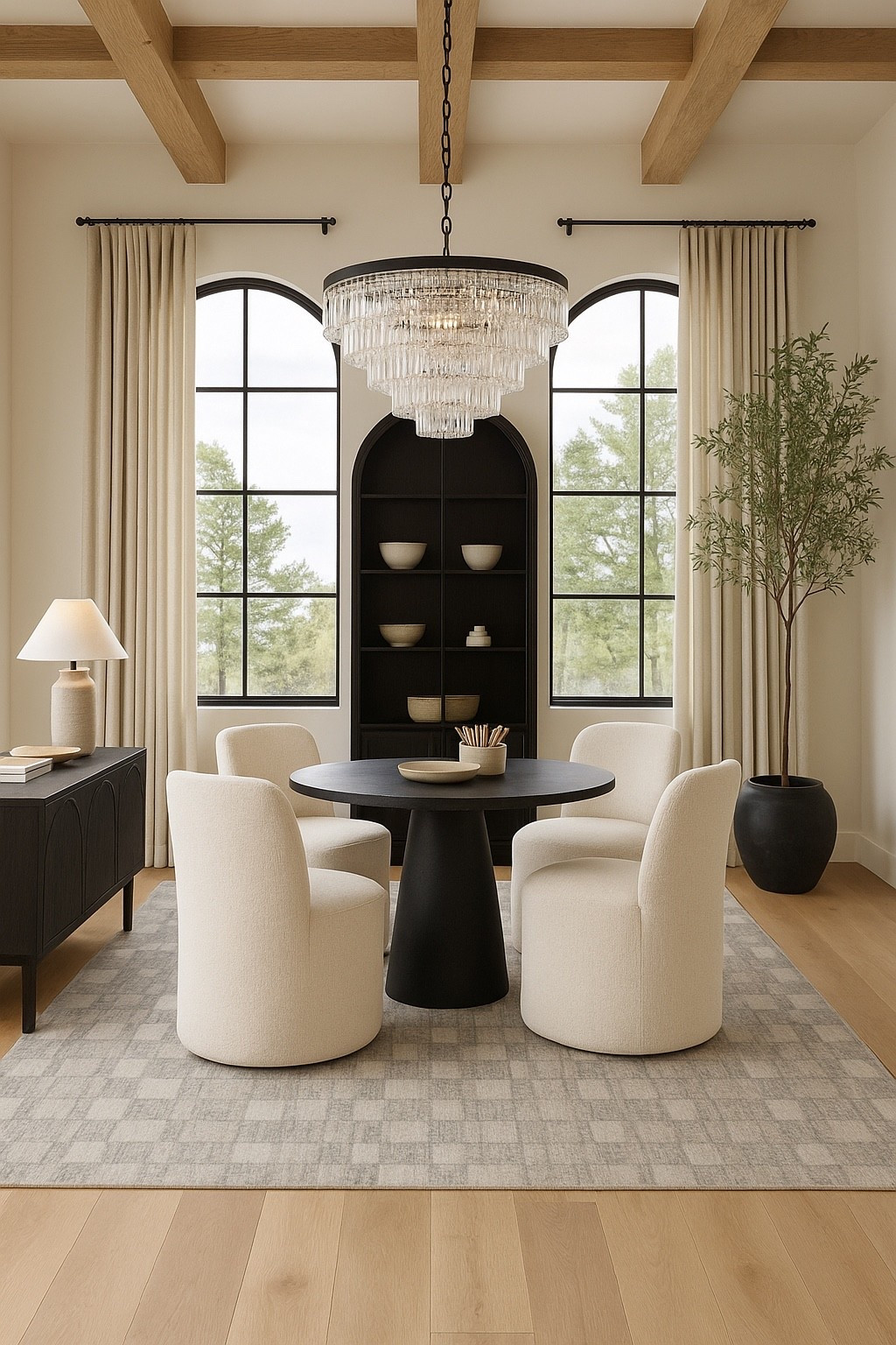 neutral dining room mood board design and decor ideas. This chandelier is from Amazon!
Organic modern, round dining table, upholstered dining chairs, black arch cabinet storage, sideboard cabinets, olive tree, planter, curtains, swivel chairs, Restoration hardware, Pottery Barn style, Crate & Barrel style, Thanksgiving, Christmas holiday entertaining #LTKFamily #LTKStyleTip 

#LTKFindsUnder50 #LTKHome #LTKSaleAlert