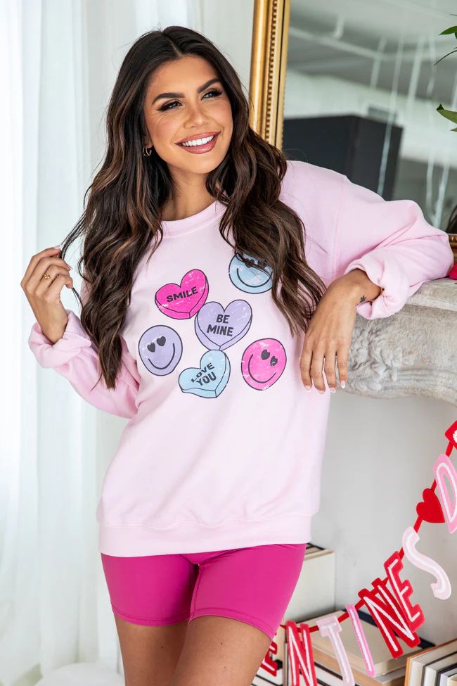 Candy Hearts Light Pink Graphic Sweatshirt | Pink Lily