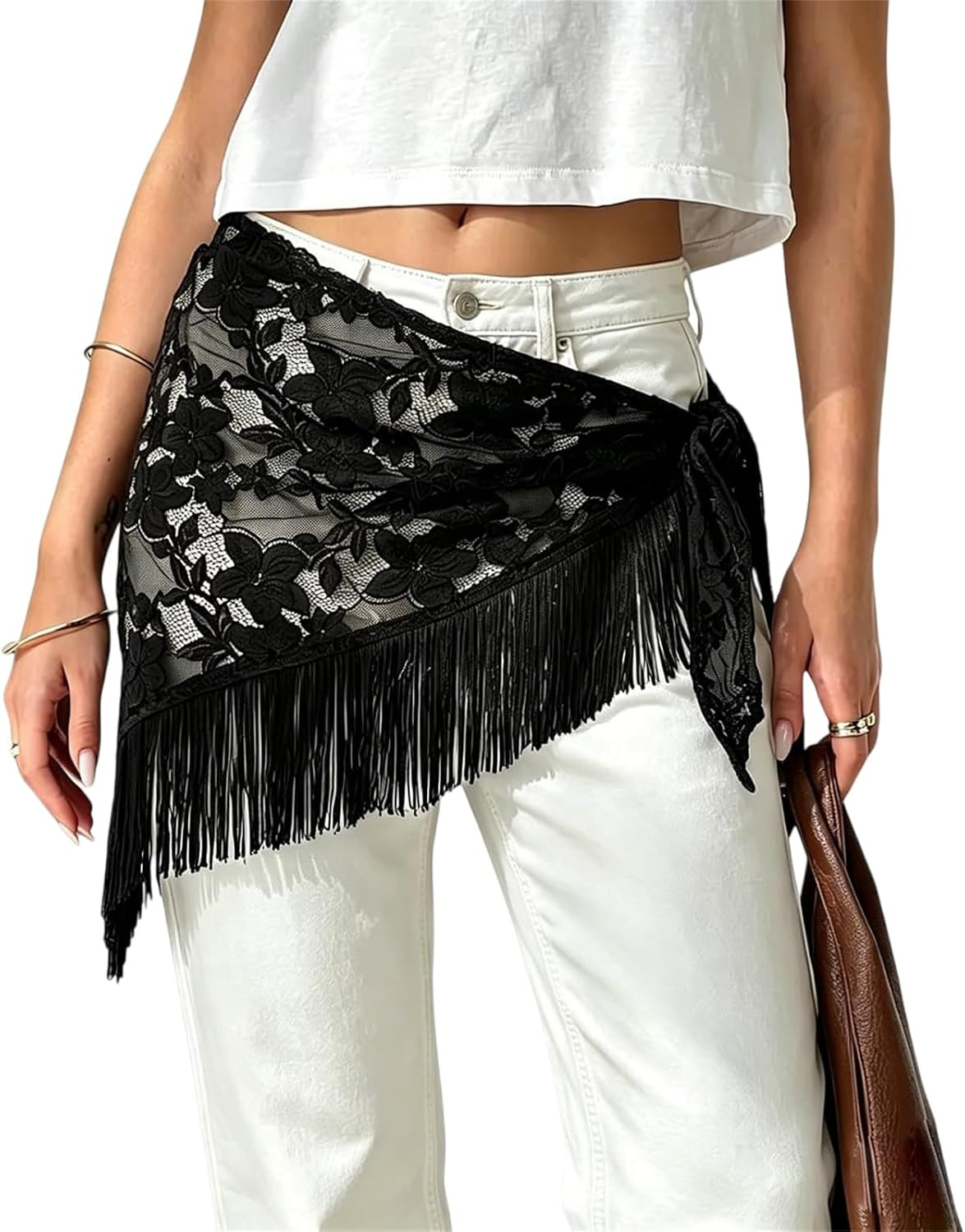 Usweetie Women Lace Fringe Scarf Belt Y2k Tassel Tie Waist Scarf | Amazon (US)