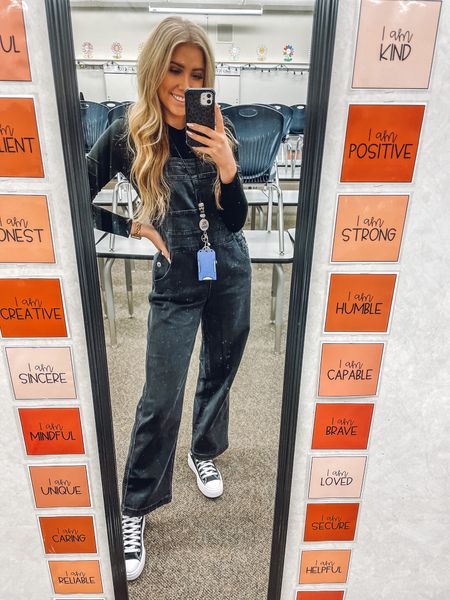 Friday Teacher Outfit
Overalls: true to size
Black body suit; true to size 
Converse: true to size and so comfy!

#LTKunder100 #LTKworkwear #LTKshoecrush