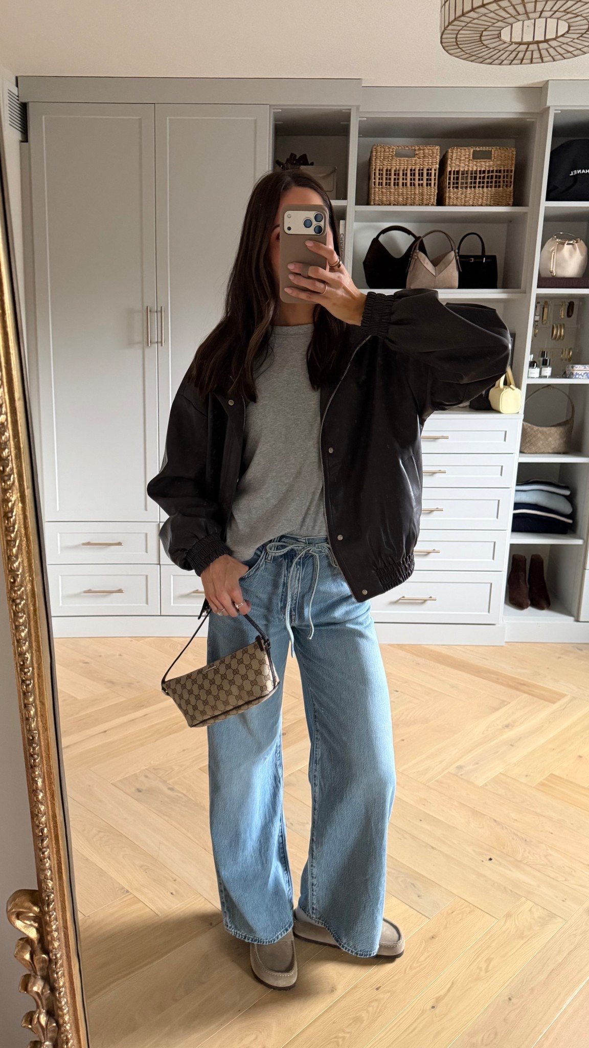 Jeans are 25% off!!! True to size (in a 26 regular and I’m 5’7”)

Jacket: sized up to a M 
Tee: tts (S) 
Loafer clogs: tts, size up for half sizes 

Drawstring jeans / Madewell sale / brown vegan leather jacket / Vintage Gucci bag / grey t-shirt 

#LTKTall #LTKSaleAlert #LTKootd