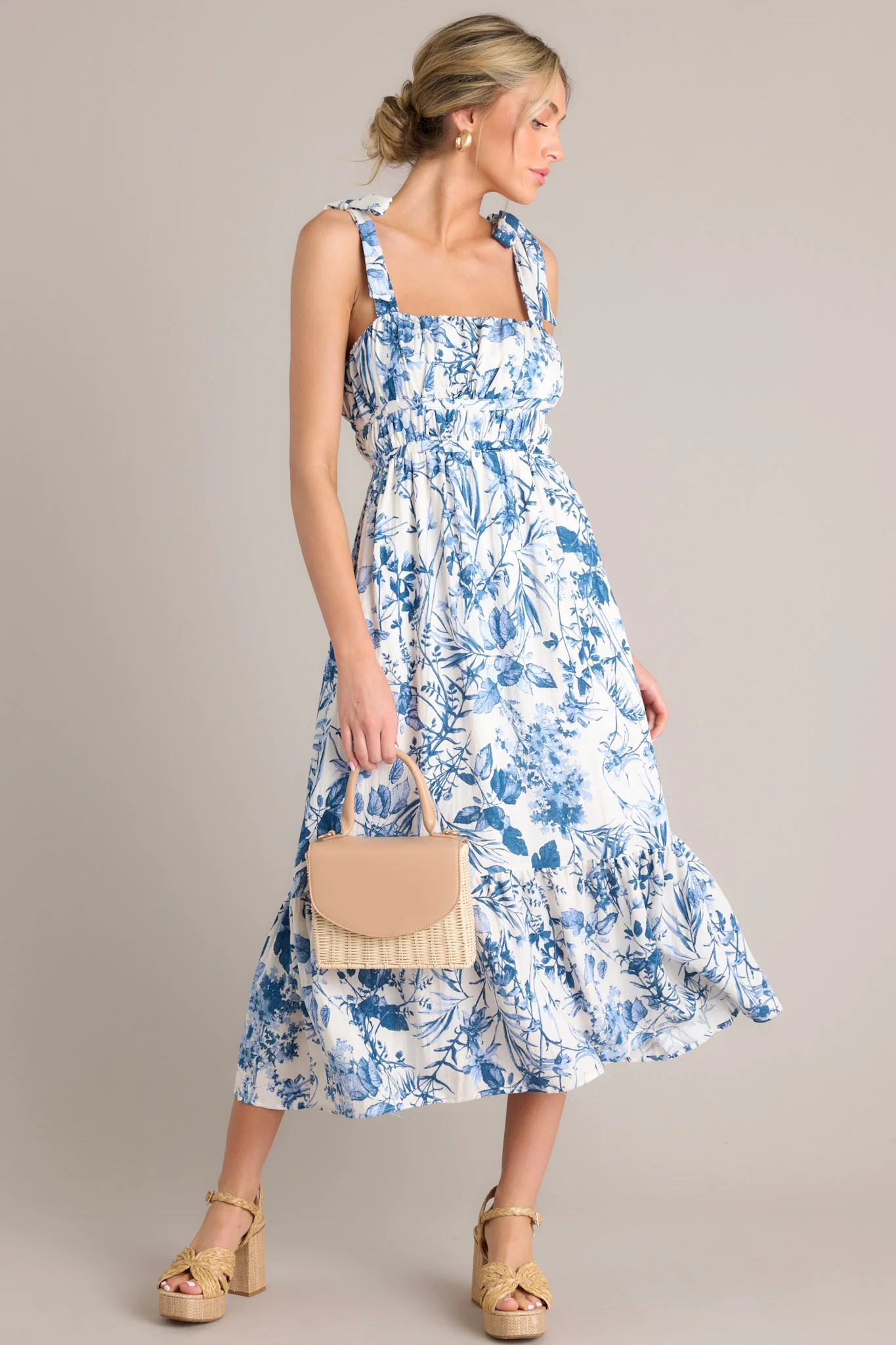 Meadow Muse White & Blue Floral Midi Dress | Red Dress