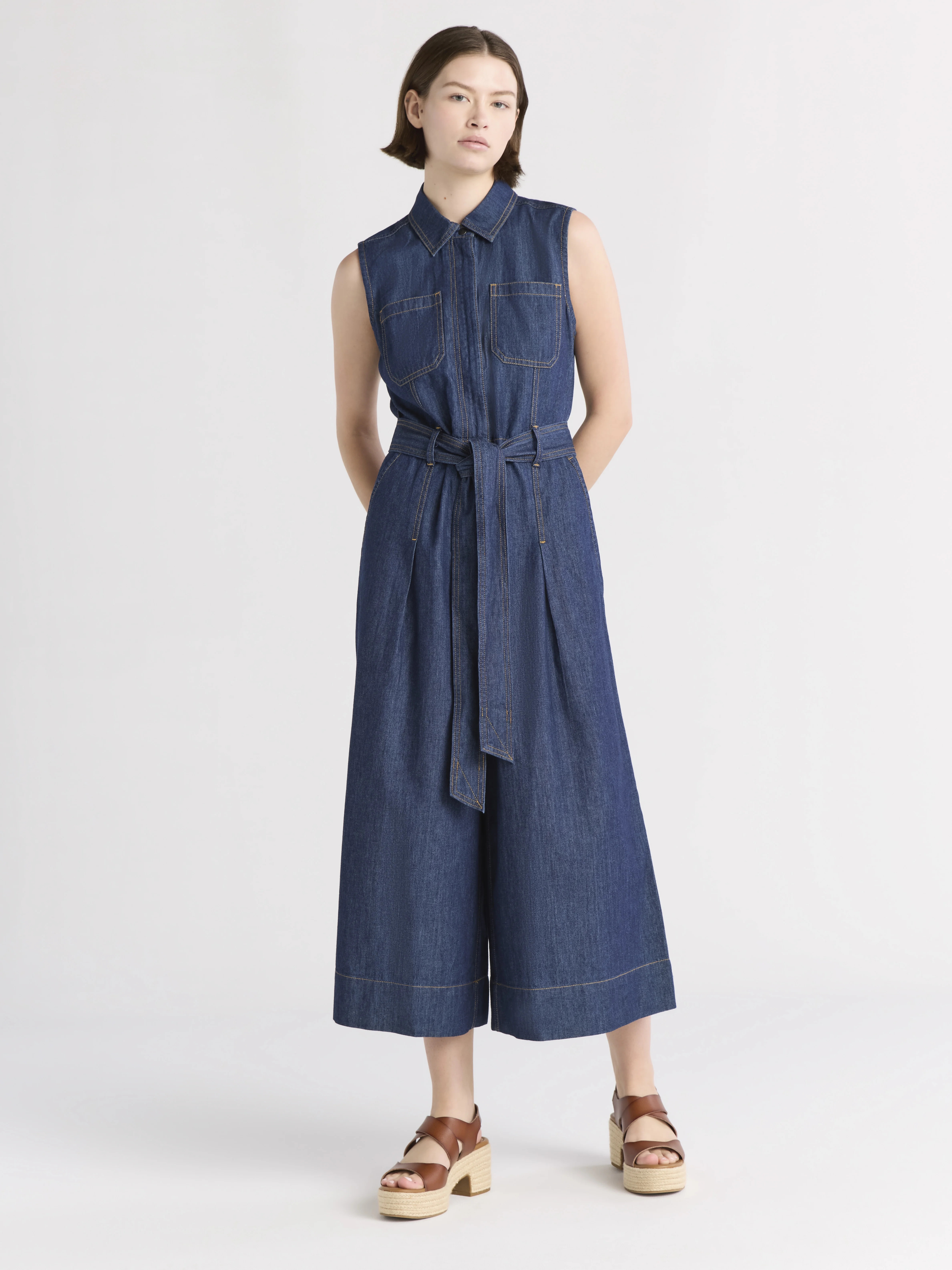 Free Assembly Women's and Women's Plus Chambray Wide Leg Cropped Jumpsuit, Sizes XS-4X | Walmart (US)