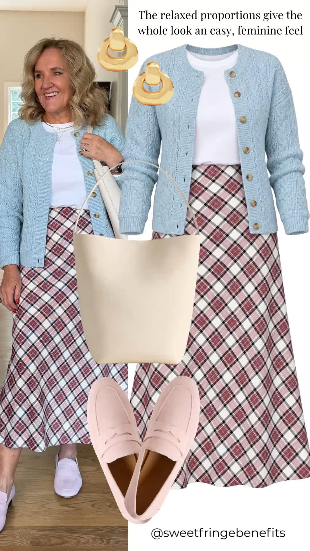 You know, I think the soft blue is what makes this work for me. It takes that busy plaid skirt and somehow makes the whole thing feel easy, and I’m in a medium in the cardigan and skirt, small in the tee.

#LTKootd #LTKOver40 #LTKPetite