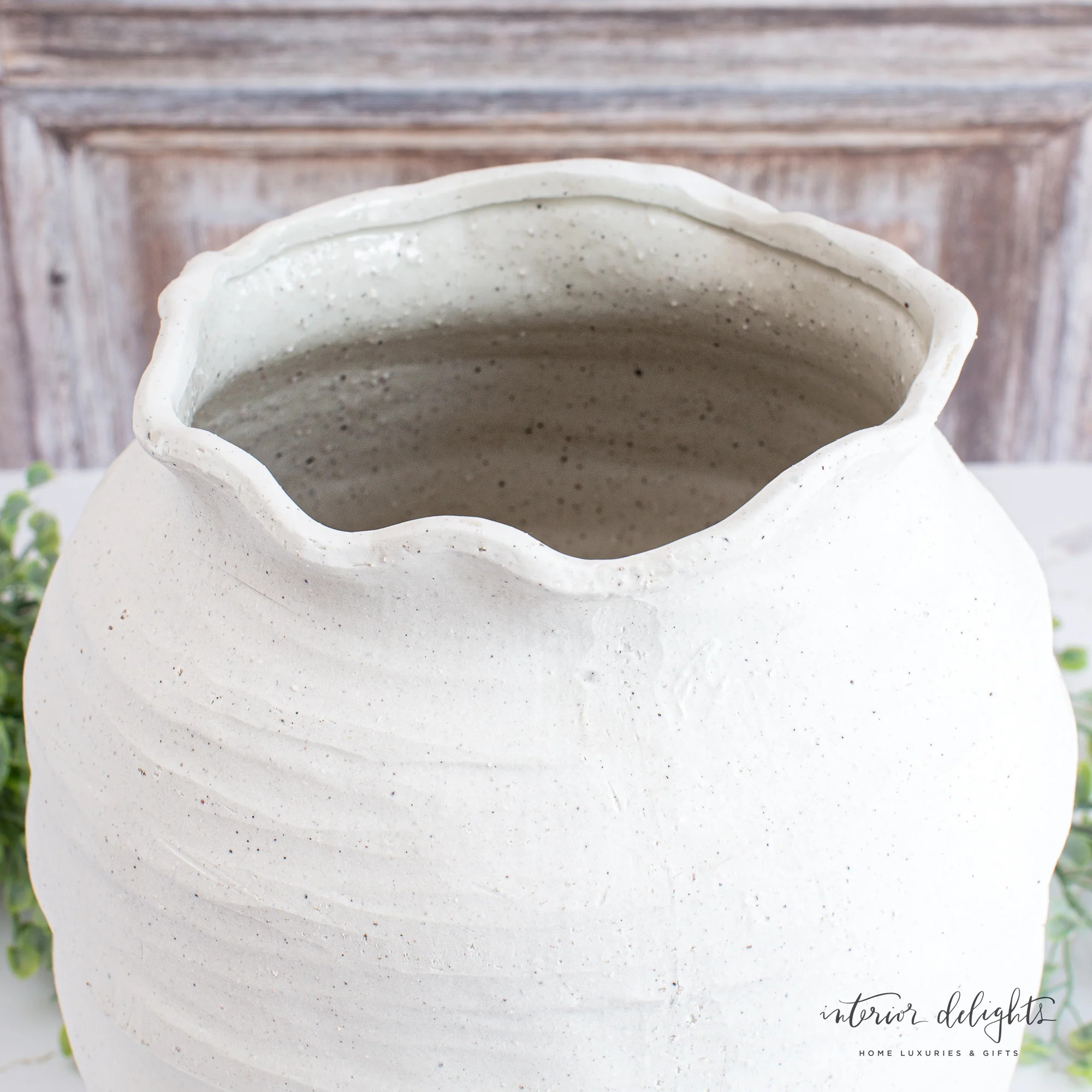 12” White Scalloped Top Stoneware Vase | Interior Delights
