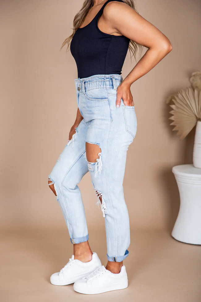 Kristen Paperbag Waist Light Wash Distressed Mom Jeans FINAL SALE | Pink Lily