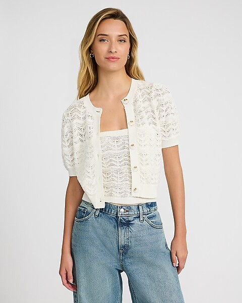 Pointelle Crochet Short Sleeve Cardigan | Express