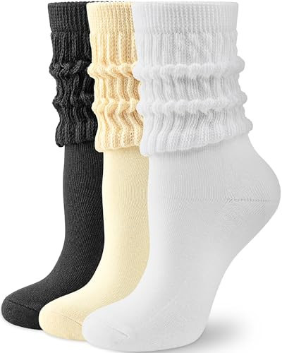 HONGTEYA Slouchy Crew Socks for Women Soft Scrunch Socks Cute Fashion Retro for Boot Sneakers Size 5-11 (Black/Beige/White) | Amazon (US)