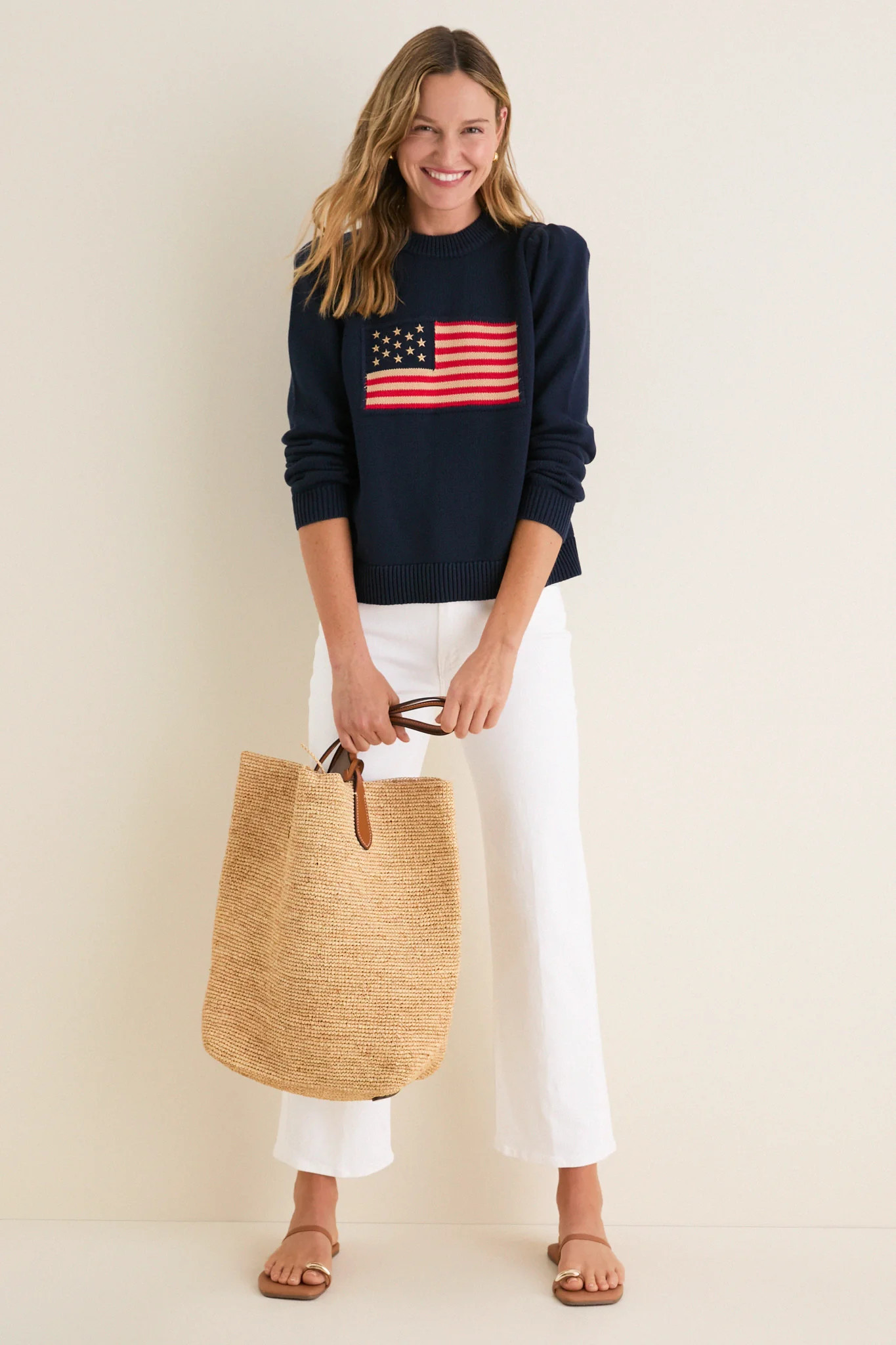 Navy Cropped Cotton Puff Sleeve Americana Sweater | Tuckernuck (US)