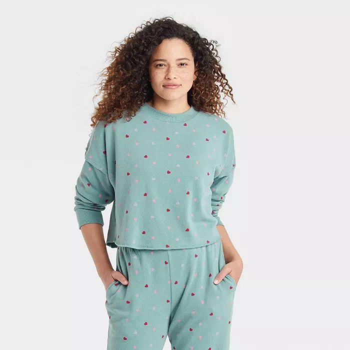 Women's Heart Print Fleece Cropped Lounge Sweatshirt - Colsie™ Blue | Target