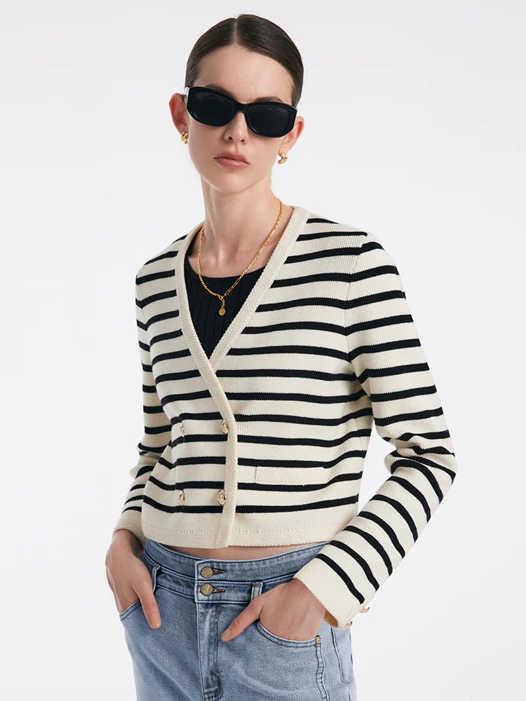 V-Neck Striped Double-Breasted Knitted Cardigan | GOELIA