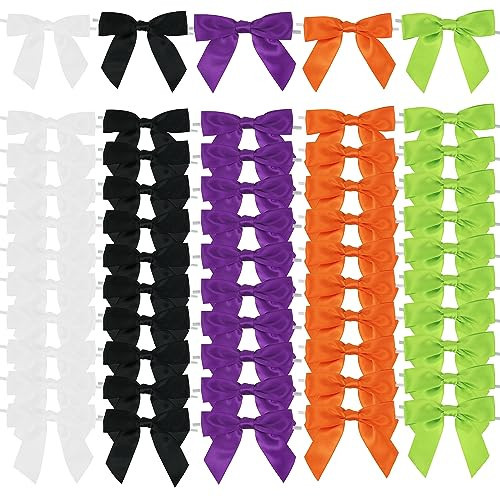 AIMUDI 5 Mix Colors Halloween Twist Tie Bows 3.5" Premade Satin Ribbon Bows for Gift Wrapping Pre-Tied Treat Bows for Halloween, Autumn Decor, Thanksgiving, Wreaths, Party Favors - 50 Counts | Amazon (US)