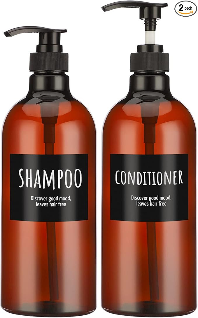 Empty Plastic Bottles with Labels, Segbeauty 33.8oz Large Brown Shampoo Conditioner Reusable Disp... | Amazon (US)