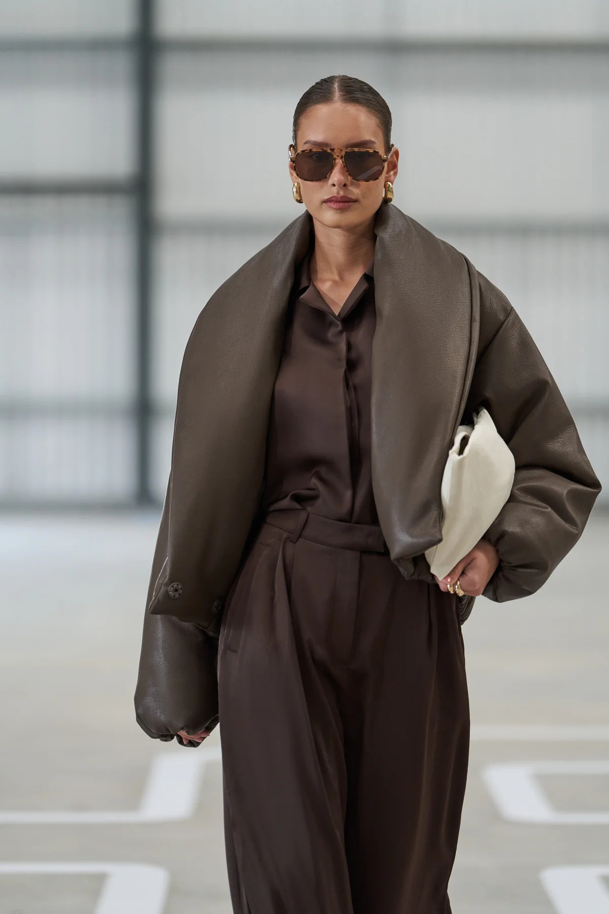 OVERSIZED COLLAR FAUX LEATHER PUFFER COAT - BROWN | The Couture Club