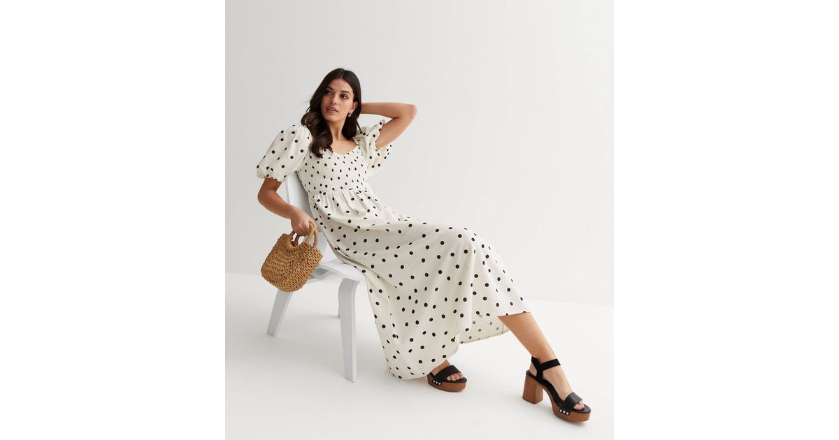 Off White Spot Shirred Puff Sleeve Midi Dress
						
						Add to Saved Items
						Remove from S... | New Look (UK)