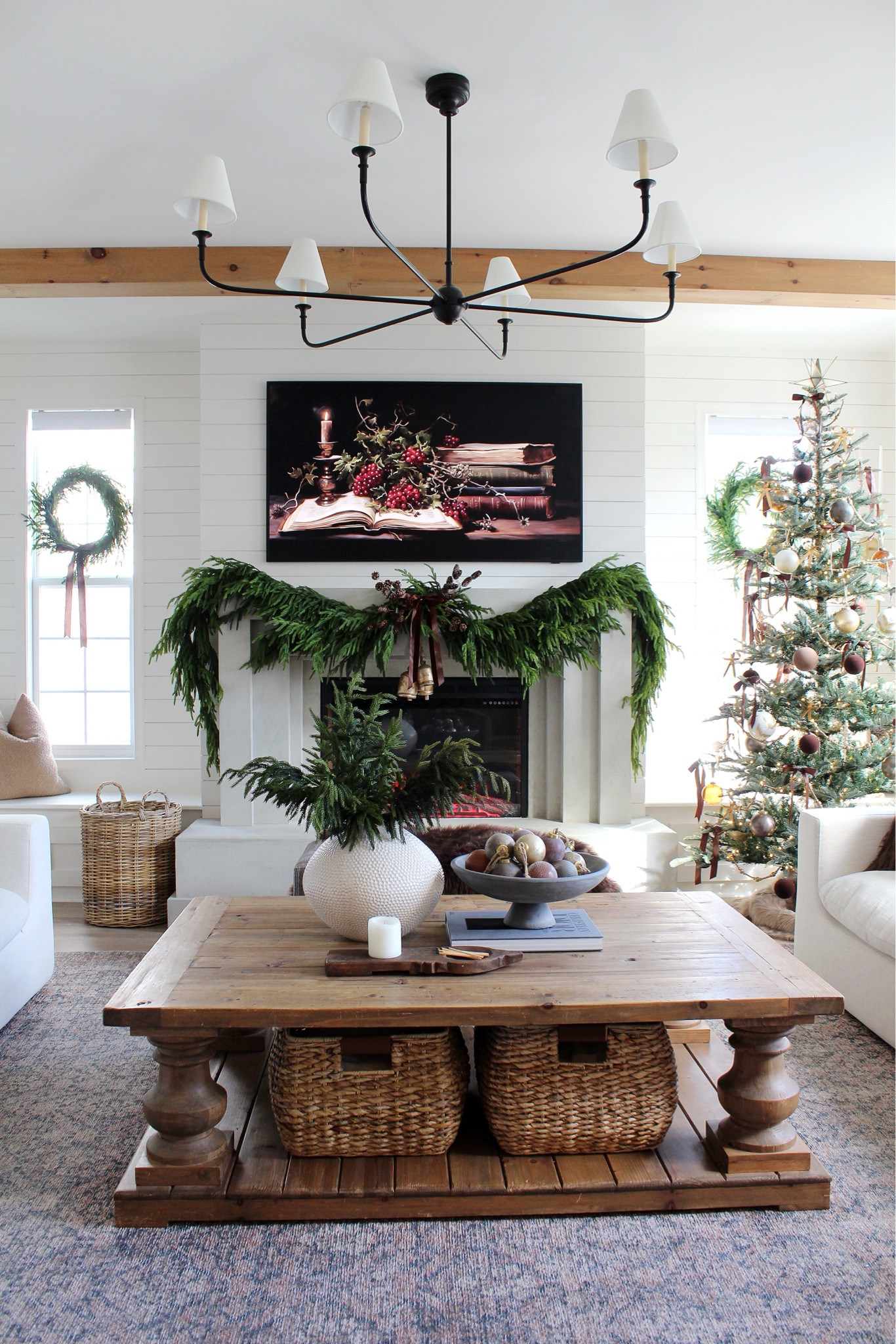 Christmas tree, rug, coffee table, Norfolk Garland, Norfolk wreath, bells, ribbons, vase, bowl, chandelier

#LTKSeasonal #LTKHome #LTKHoliday